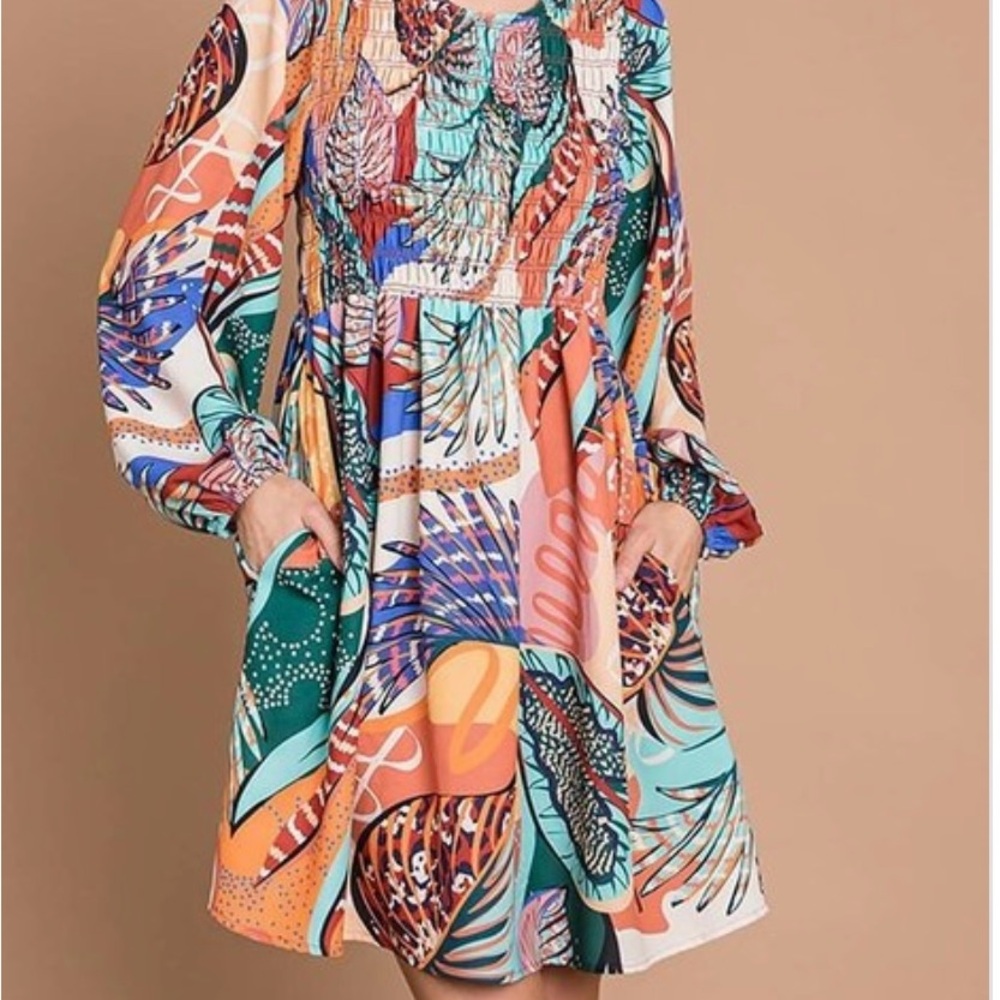 Blue and Orange Knee-Length A-Line Sundress with Long Bishop Sleeves